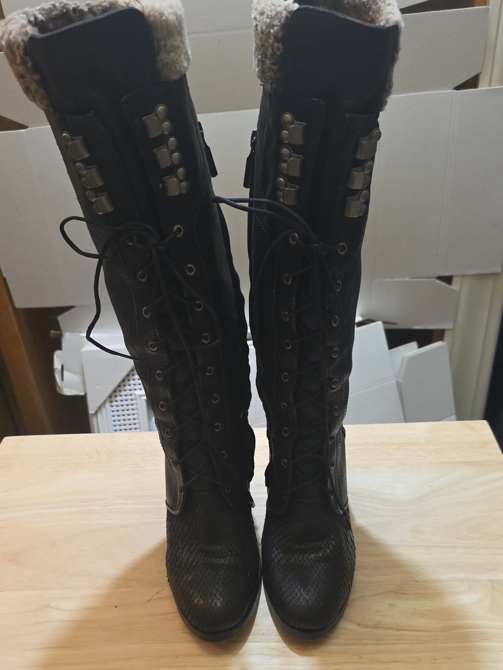 B1 Women's Caudra Python Black Lace-Up Knee-High Boots with Faux Fur Trim
